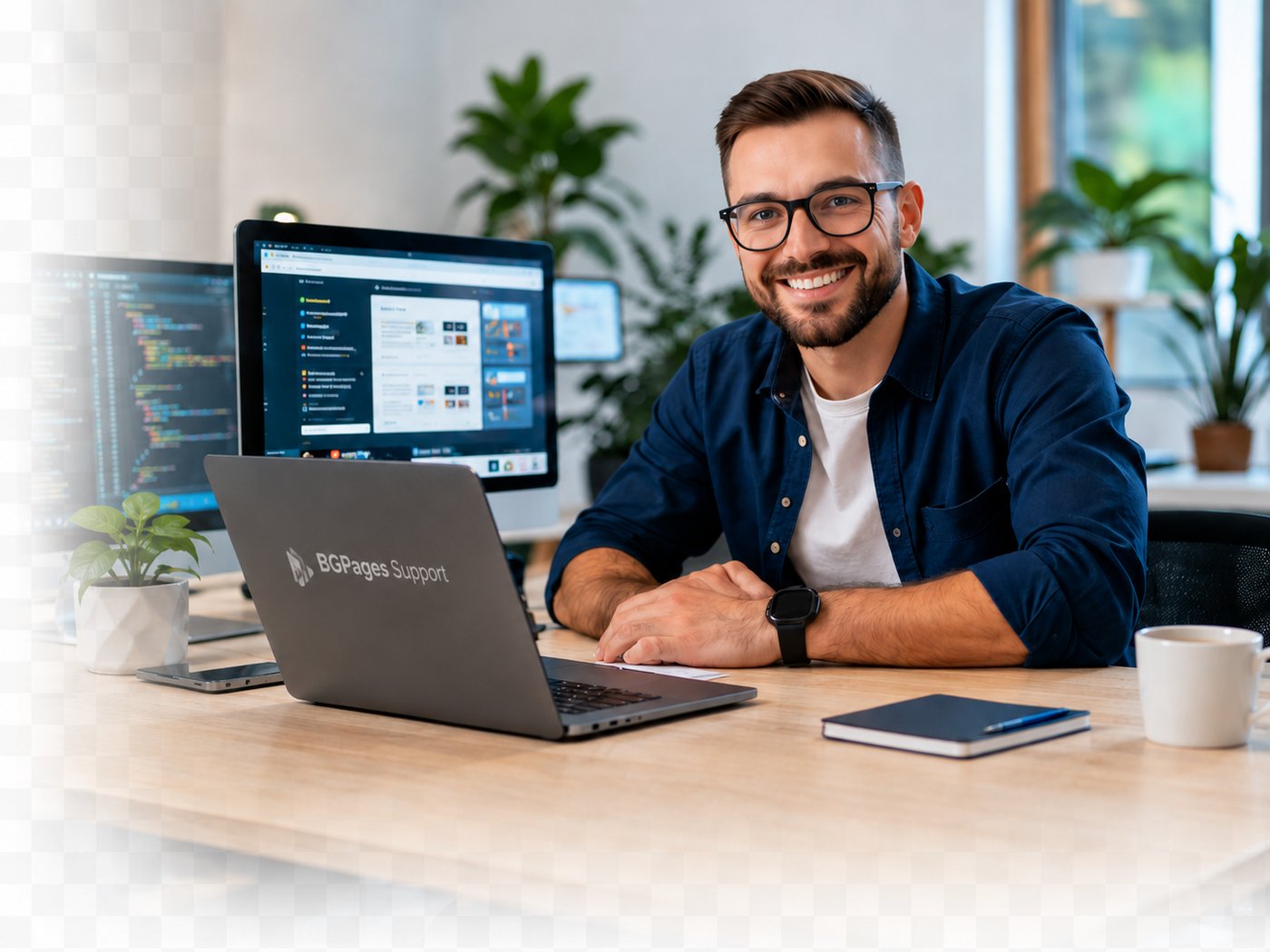 Специалист от BGPages Support работи по поддръжка на сайт и WordPress помощ в модерна работна среда